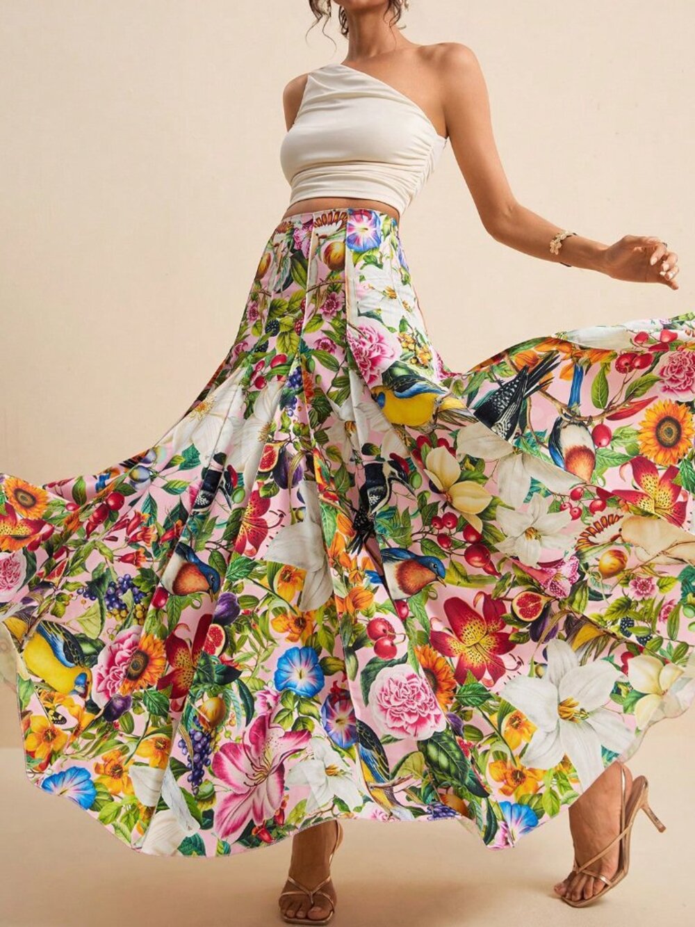 Multicolor Boho Women's Tropical Floral Allover Print Pleated Skirt - Picture 4 of 8